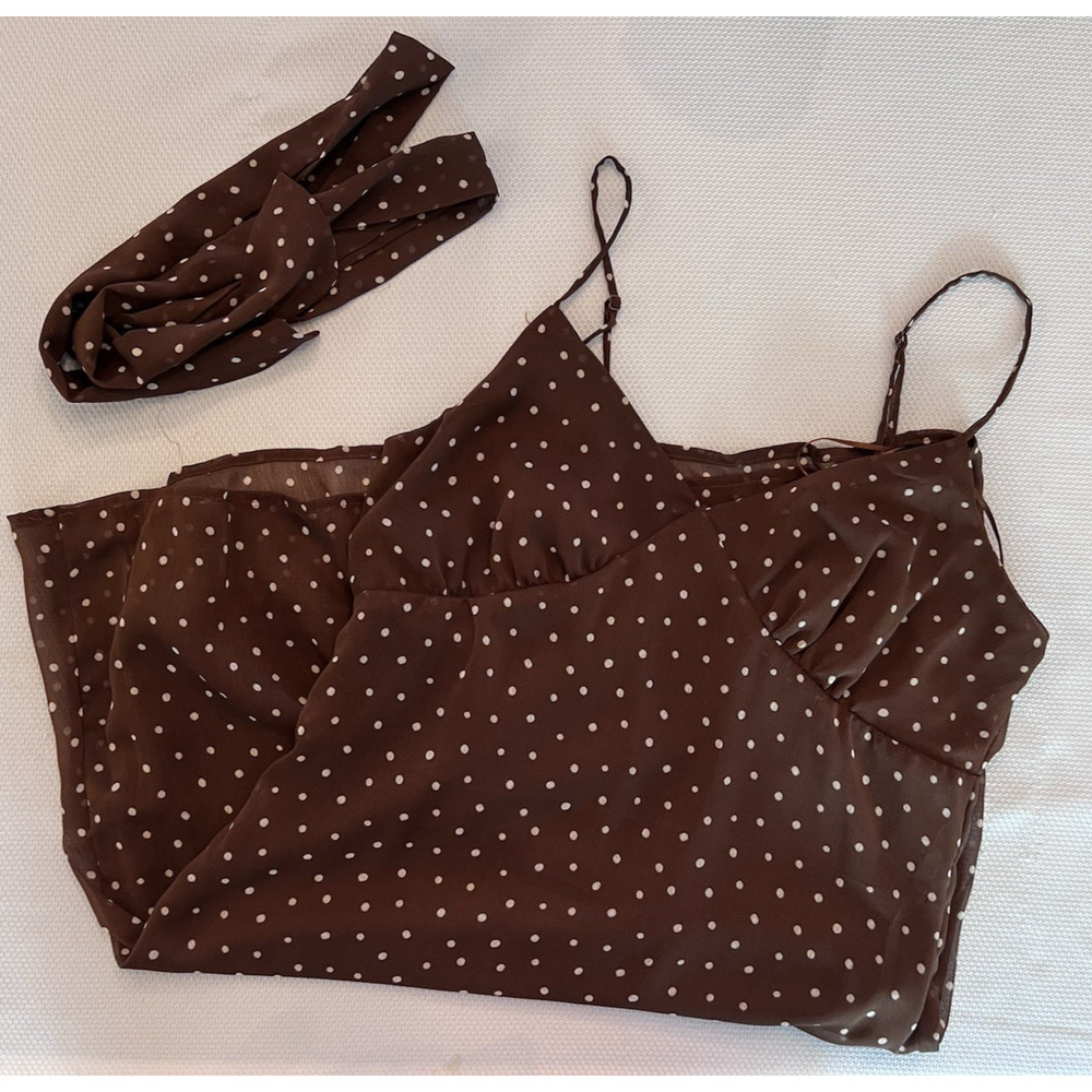White Polka Dot (L) Brown Mini Dress-Babydoll Slip Dress-COQUETTE-Scarf-PLAYFUL - Picture 2 of 14